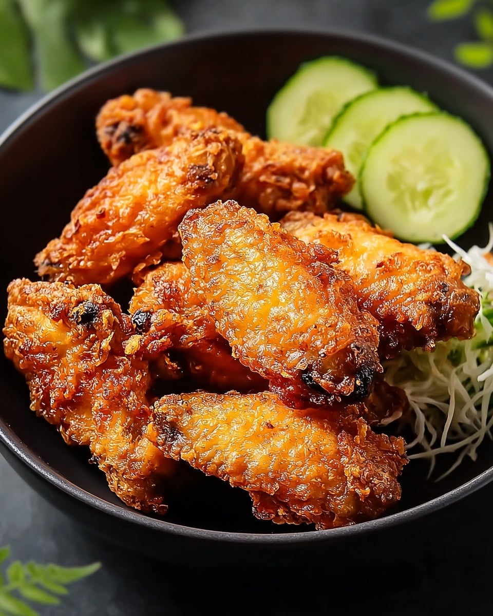 A black bowl filled with six pieces of golden-brown crispy fried chicken wings, each wing showing a textured, crunchy coating with some darker spots at the ends. Behind the wings to the right are three thin slices of bright green cucumber with visible seeds. Beneath the wings, there is a small layer of white shredded vegetables, adding a light contrast to the rich color of the wings. The bowl is placed on a dark surface with a bit of greenery blurred in the background on the left side. photo taken with an iphone --ar 4:5 --v 7