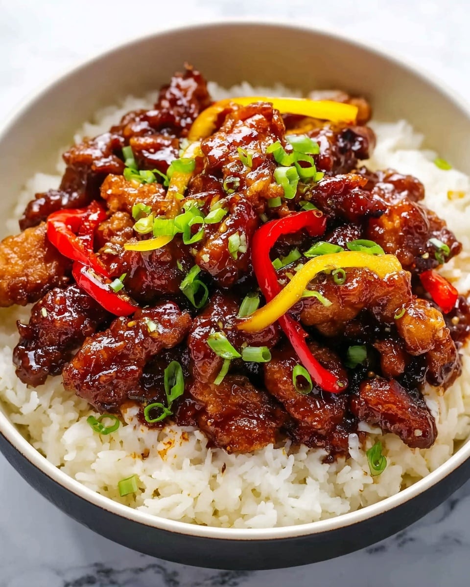 A white bowl filled with a base layer of fluffy white rice, topped with a generous amount of glossy, dark brown glazed chicken pieces that have a slightly crispy texture. Interspersed within the chicken are thin, bright red and yellow pepper strips, providing a pop of color and freshness. Small green onion pieces are scattered on top, adding a fresh green contrast. The bowl sits on a white marbled textured surface. photo taken with an iphone --ar 4:5 --v 7