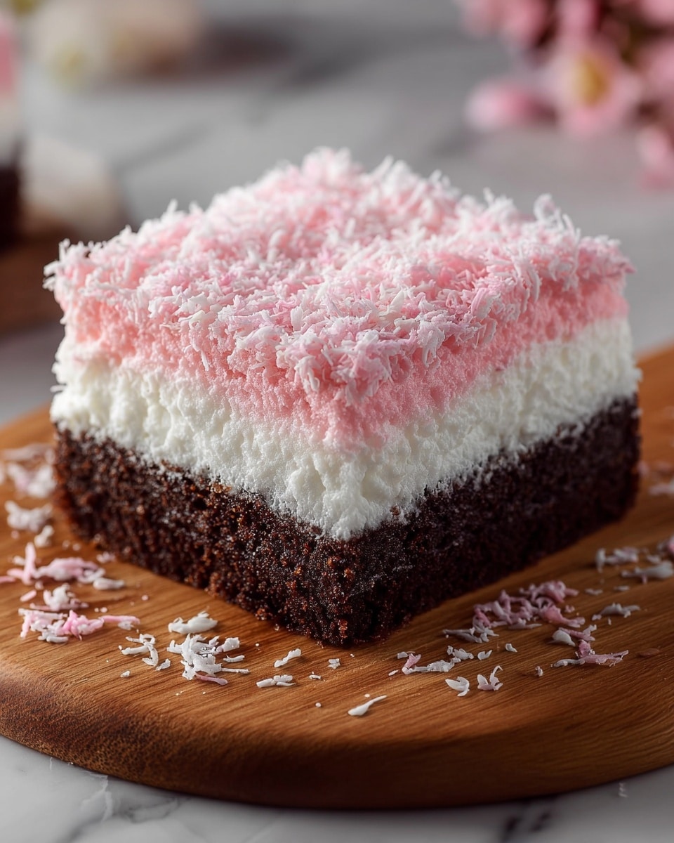 A square dessert with three clear layers sits on a wooden board placed on a white marbled surface. The bottom layer is thick and dark brown with a soft, crumbly texture like chocolate cake. The middle layer is a thick, fluffy white cream with a smooth, light texture. The top layer is pink and textured with fine, light shreds sprinkled densely, giving a soft, fluffy look. Some pink and white shreds are scattered around the wooden board, adding to the detail. photo taken with an iphone --ar 4:5 --v 7