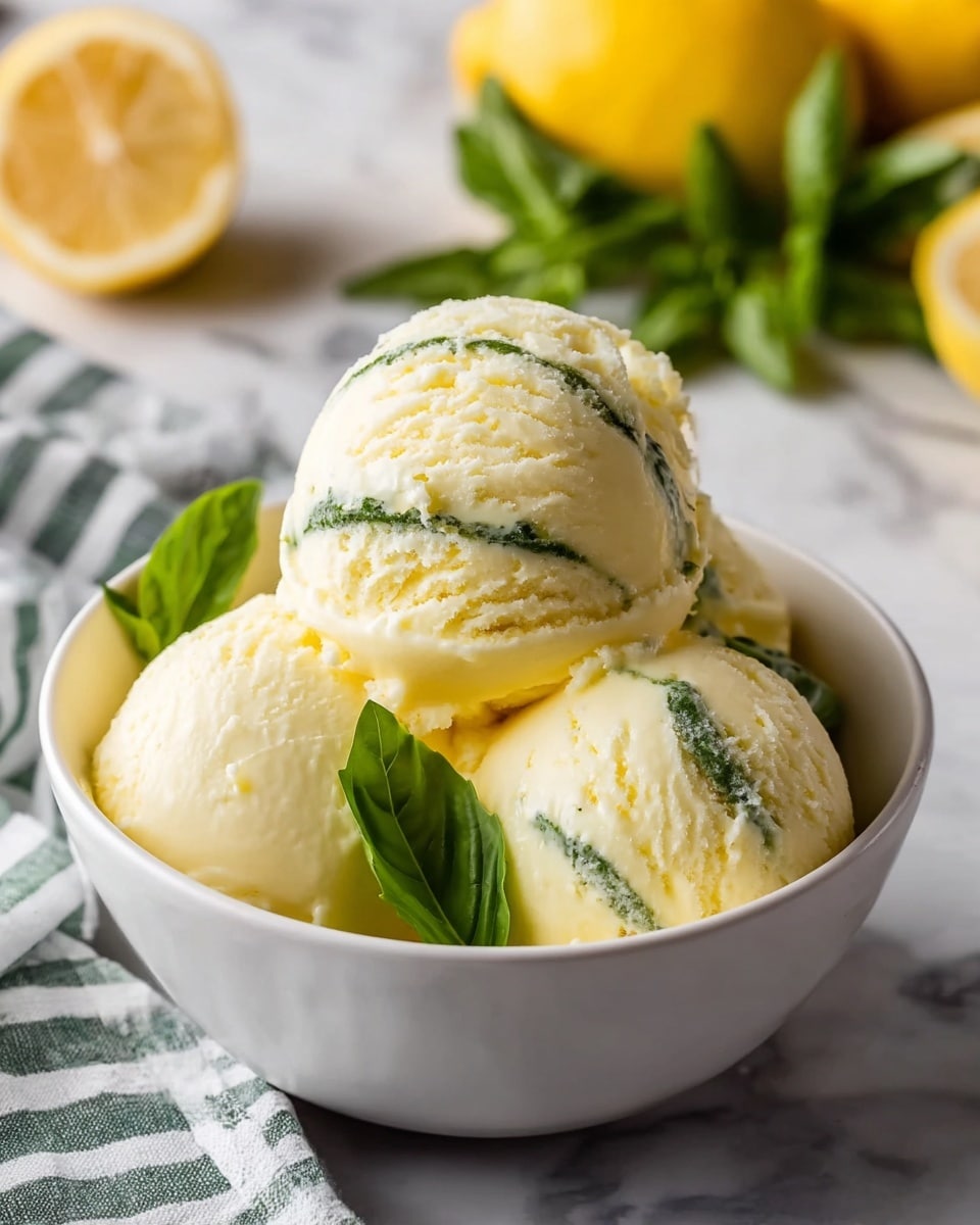 The image shows a white bowl filled with three scoops of pale yellow lemon ice cream with thin green basil streaks running through each scoop. The ice cream looks smooth and creamy with a soft texture. Around the scoops, fresh green basil leaves add a pop of color. The bowl sits on a white marbled surface, and the background shows blurred lemons and basil leaves. A piece of cloth with green and white stripes is partially visible beside the bowl. photo taken with an iphone --ar 4:5 --v 7