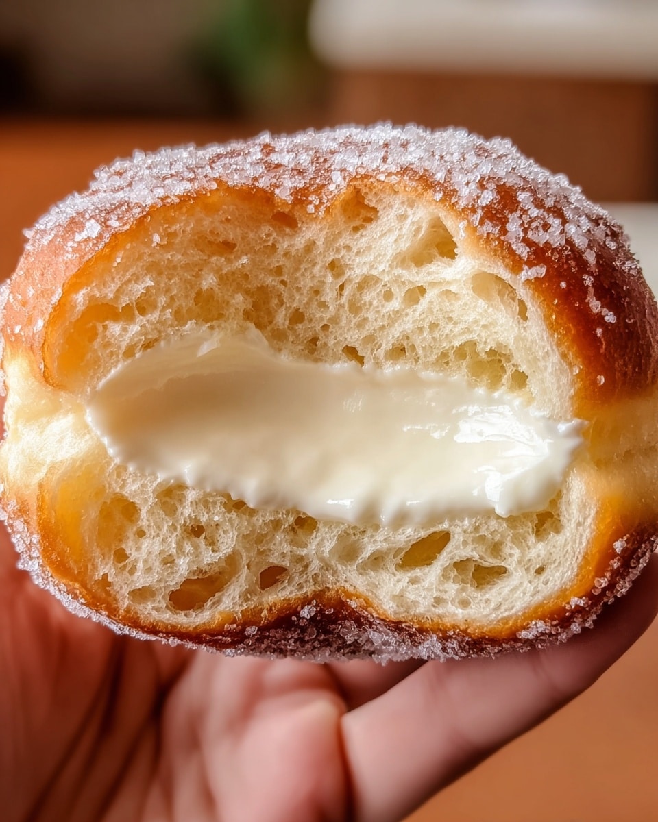 A close-up view of a bitten cream-filled doughnut held by a woman's hand. The doughnut has a golden-brown, slightly crispy outside layer sprinkled with white sugar crystals. Inside, it reveals a soft, fluffy, pale yellow bread layer with many small air pockets. The middle layer is filled with smooth, creamy white filling that looks rich and glossy, slightly overflowing at the edges. The background is softly blurred with warm colors. photo taken with an iphone --ar 4:5 --v 7