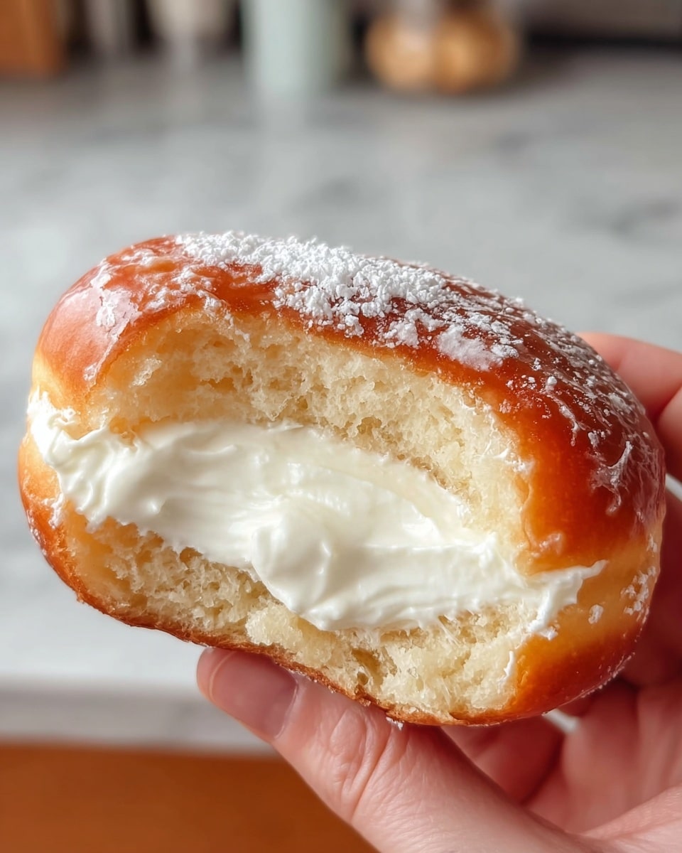 A close-up view of a soft, golden-brown donut with a shiny glazed surface lightly sprinkled with white powdered sugar, held by a woman's hand. The donut is cut open to reveal a thick layer of smooth, white cream filling inside, with the fluffy, light beige dough surrounding the creamy center. The cream is visible from the sides, slightly oozing out, making the donut look rich and fresh. The background shows a subtle blur of a kitchen setting with a white marbled texture beneath the hand. photo taken with an iphone --ar 4:5 --v 7