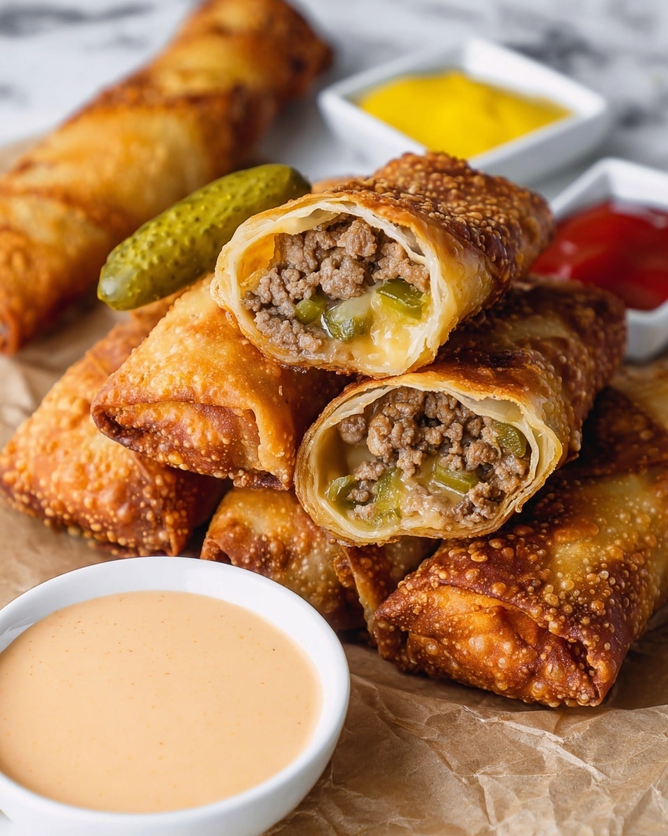 The image shows five golden, crispy fried egg rolls stacked on a piece of brown paper on a white marbled surface. Two egg rolls are cut in half, showing a filling of browned ground meat mixed with diced onions, green peppers, and melted cheese inside the light, flaky, and bubbly textured outer shell. A green pickled pickle slice rests on top of the egg rolls. In the foreground, a white bowl of creamy light orange dipping sauce sits close, with two small square white bowls of yellow mustard and red ketchup placed behind the egg rolls on the right side. Photo taken with an iphone --ar 4:5 --v 7