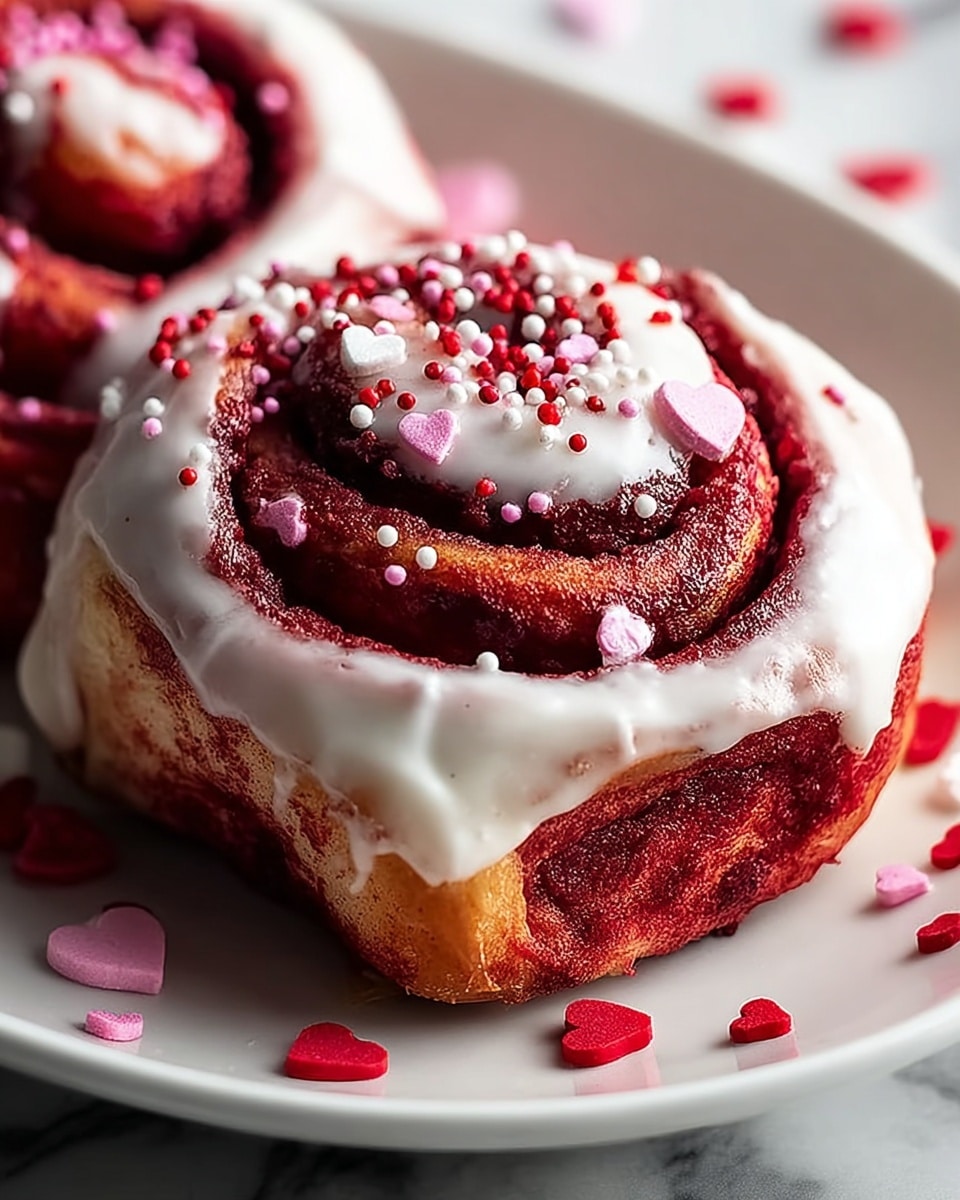 A close-up view of a single cinnamon roll with a deep red color swirled in a spiral pattern, topped with a thick layer of white icing that drips slightly over the edges. The roll is decorated with tiny pink, white, and red round sprinkles, along with a few red heart-shaped sprinkles scattered on top and around the roll on a white plate. The surface under the plate has a white marbled texture. Photo taken with an iphone --ar 4:5 --v 7