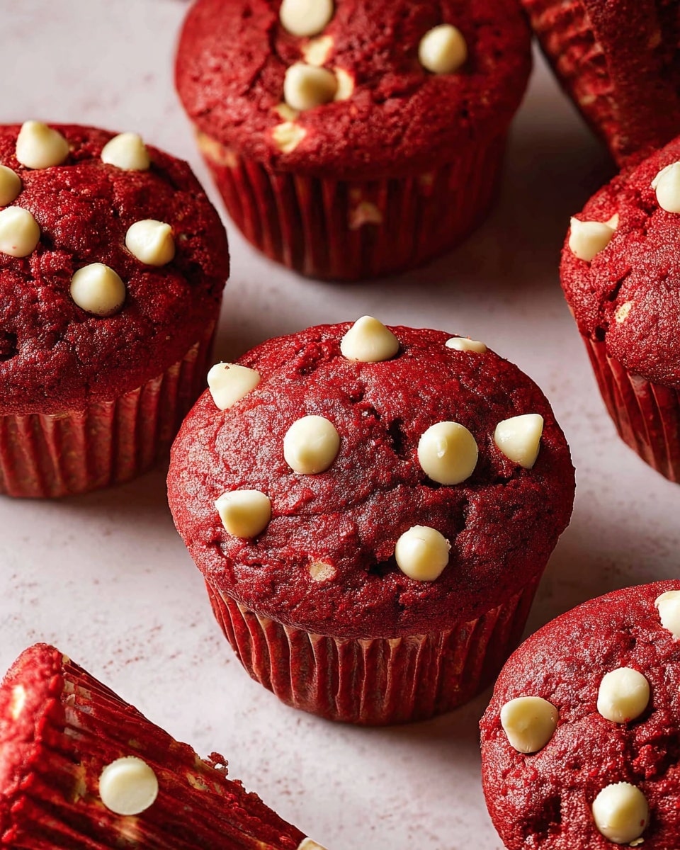 The image shows a group of red velvet muffins with white chocolate chips scattered on top. Each muffin is a single thick layer, rich red in color with a slightly cracked, textured surface that highlights the embedded white chocolate chips. The muffins are placed directly on a white marbled textured surface, with some muffins lying flat and one slightly tilted, showing the red ridged paper liner that holds it. The bright contrast between the deep red muffin base and the white chips makes the scene visually appealing. Photo taken with an iphone --ar 4:5 --v 7