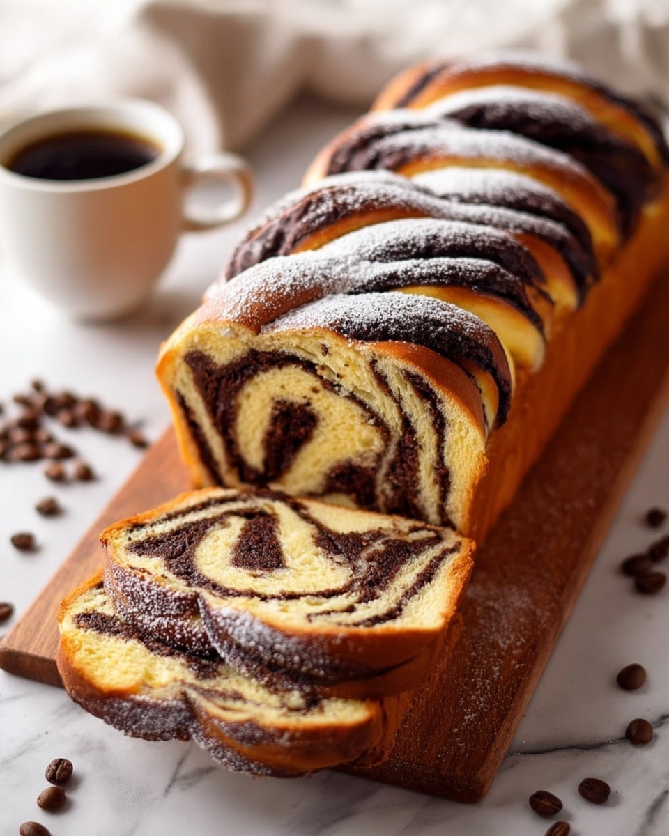 The image shows a loaf of braided bread with a golden-brown crust and twisted layers. Inside, it has a swirl pattern of dark chocolate and light dough, creating two main layers of rich dark brown and creamy yellow with soft texture. The top of the loaf is dusted lightly with white powdered sugar. Two slices are cut and laid flat in front of the loaf, showing the smooth swirls clearly. The loaf rests on a wooden board that is on a white marbled surface. Around it are a few scattered coffee beans and there is a white cup of black coffee blurred in the background. Photo taken with an iphone --ar 4:5 --v 7