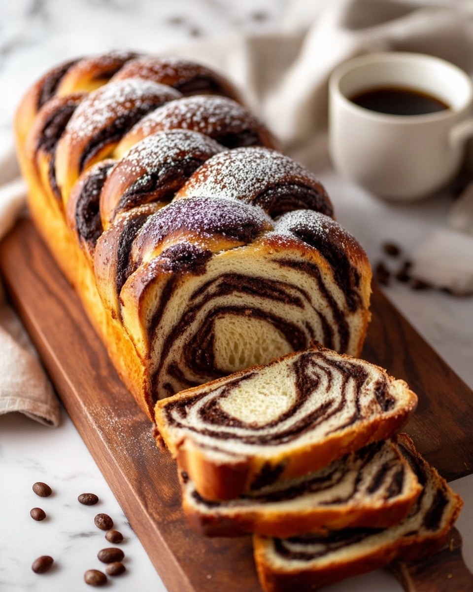 A braided loaf of chocolate swirl bread sits on a wooden board against a white marbled background, with two slices cut and placed in front of the loaf. The bread shows three visible layers: the golden brown, shiny, and glossy braided crust dusted with powdered sugar on top, the soft beige inside layer with a light, fluffy texture, and the dark brown chocolate swirl forming a thick spiral pattern within each slice. The braided crust appears twisted and rich, showing smooth, glossy layers of dough intertwined with chocolate. Scattered coffee beans and part of a white cup of coffee are visible in the background, adding cozy details. Photo taken with an iphone --ar 4:5 --v 7