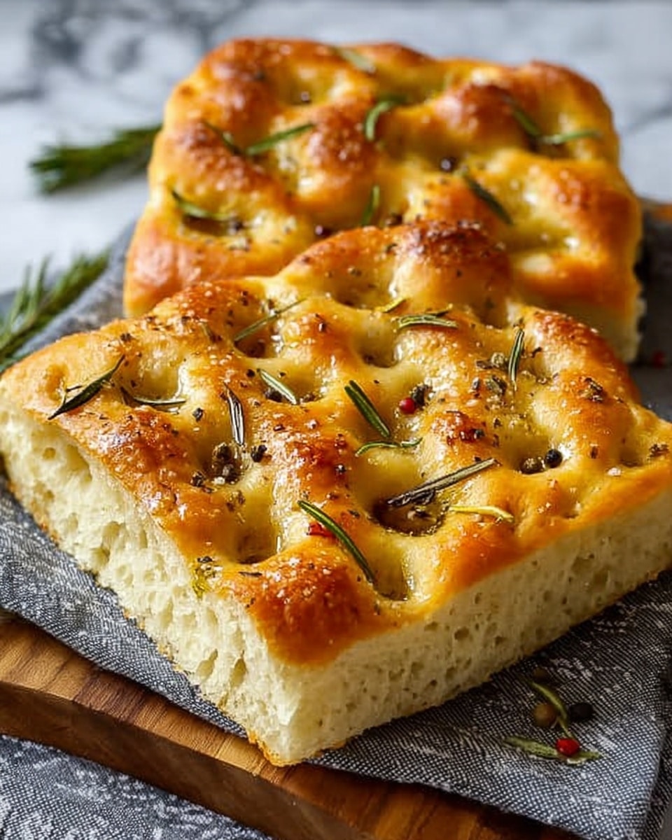 The image shows two rectangular pieces of focaccia bread with a golden brown crust and a soft, bubbly texture. The bread has deep dimples across the top, filled with olive oil that glistens. Sprigs of green rosemary are scattered evenly on top, along with coarse salt and black pepper flakes. The bread rests on a wooden board placed on a gray cloth with a subtle pattern, and the background has a white marbled texture. Photo taken with an iphone --ar 4:5 --v 7