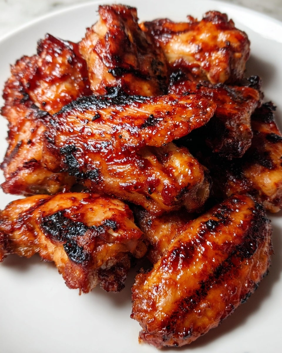 A white plate holds about seven pieces of grilled chicken wings piled together, each wing coated in a shiny, reddish-brown sauce that looks sticky and rich. The wings have visible black grill marks and some slightly burnt edges, giving them a charred texture. The surface of the wings looks glossy with a mix of crispy and tender parts, showing the cooked meat beneath the sauce. The photo is close up, capturing the detailed texture of the chicken skin and sauce. The background is a white marbled texture. photo taken with an iphone --ar 4:5 --v 7