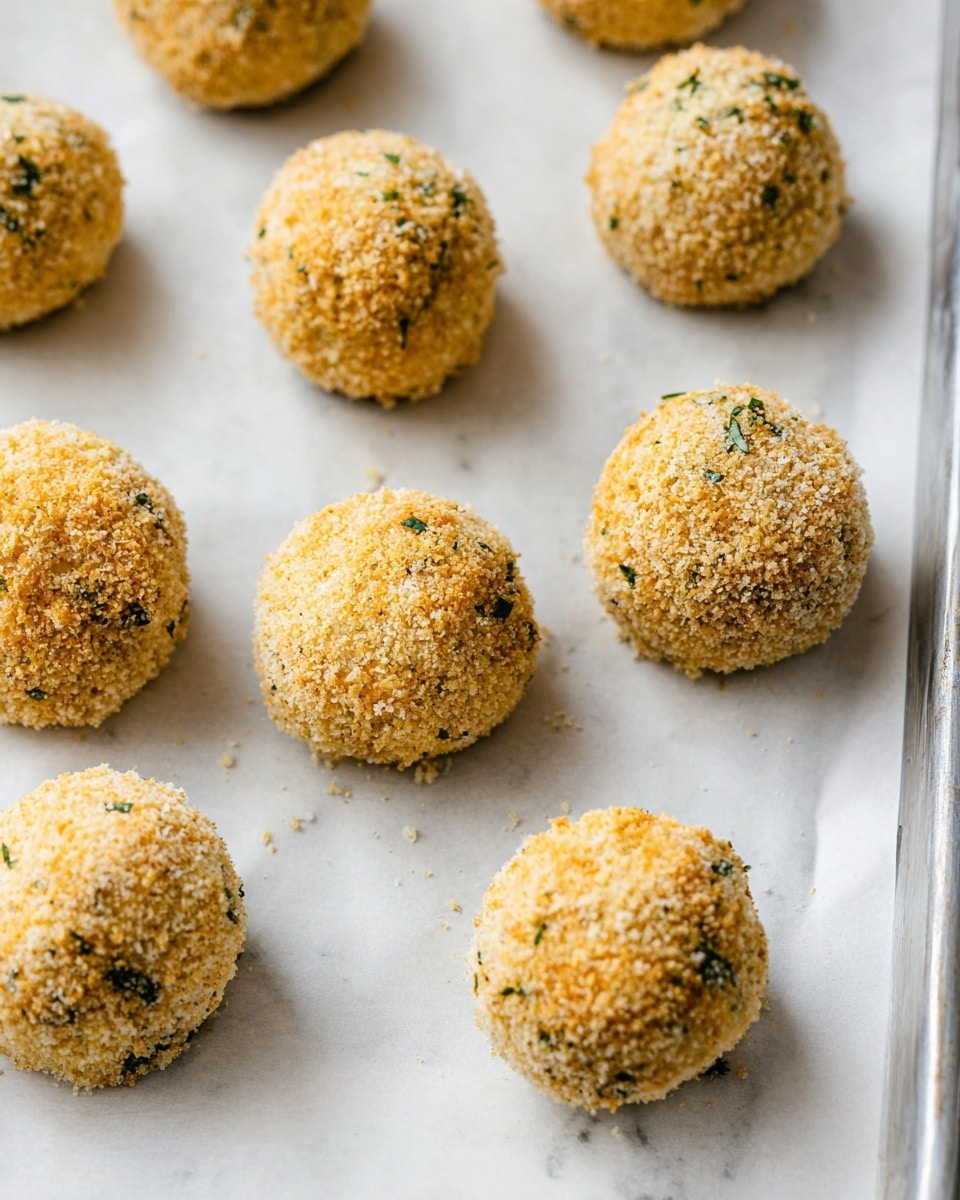 The image shows a close-up of ten round balls lined on a baking tray covered with white parchment paper. Each ball has one visible layer: an outer crumb coating that is light golden brown with small green herb flecks and a rough, sandy texture. The balls are evenly spaced and have a slightly bumpy surface, suggesting a crunchy exterior. The tray is placed on a white marbled texture surface, providing a clean and bright background. The overall look is neat and orderly, emphasizing the texture and color contrast of the crumb-covered balls. photo taken with an iphone --ar 4:5 --v 7