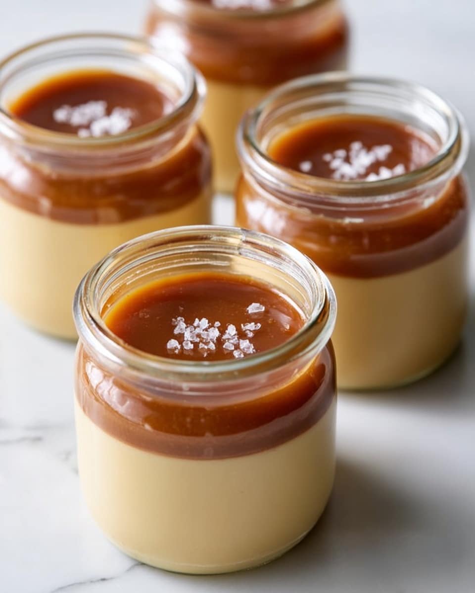 The image shows four small glass jars filled with a two-layer dessert. The bottom layer is creamy pale yellow with a smooth texture, making up most of the jar's height. On top, there is a thick layer of rich caramel brown sauce, glossy and smooth, slightly uneven around edges. Each jar has a small sprinkle of coarse white salt grains on the caramel layer. The jars are placed closely on a white marbled surface, and the focus is on the jar in the front with the other three softly blurred behind. photo taken with an iphone --ar 4:5 --v 7