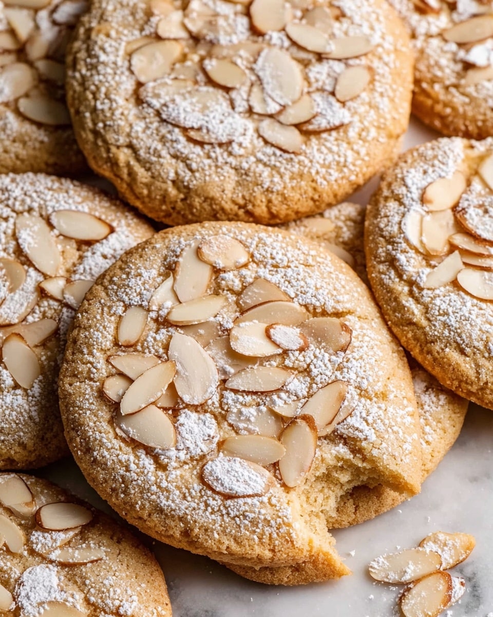 A close-up of several round, golden-brown cookies arranged overlapping on a white marbled surface. Each cookie is topped with thin, light beige almond slices spread unevenly across the surface, and lightly dusted with fine white powdered sugar that softly coats both the almonds and the cookie base. The front cookie has a small bite taken out, showing its soft and slightly crumbly texture inside. Photo taken with an iphone --ar 4:5 --v 7