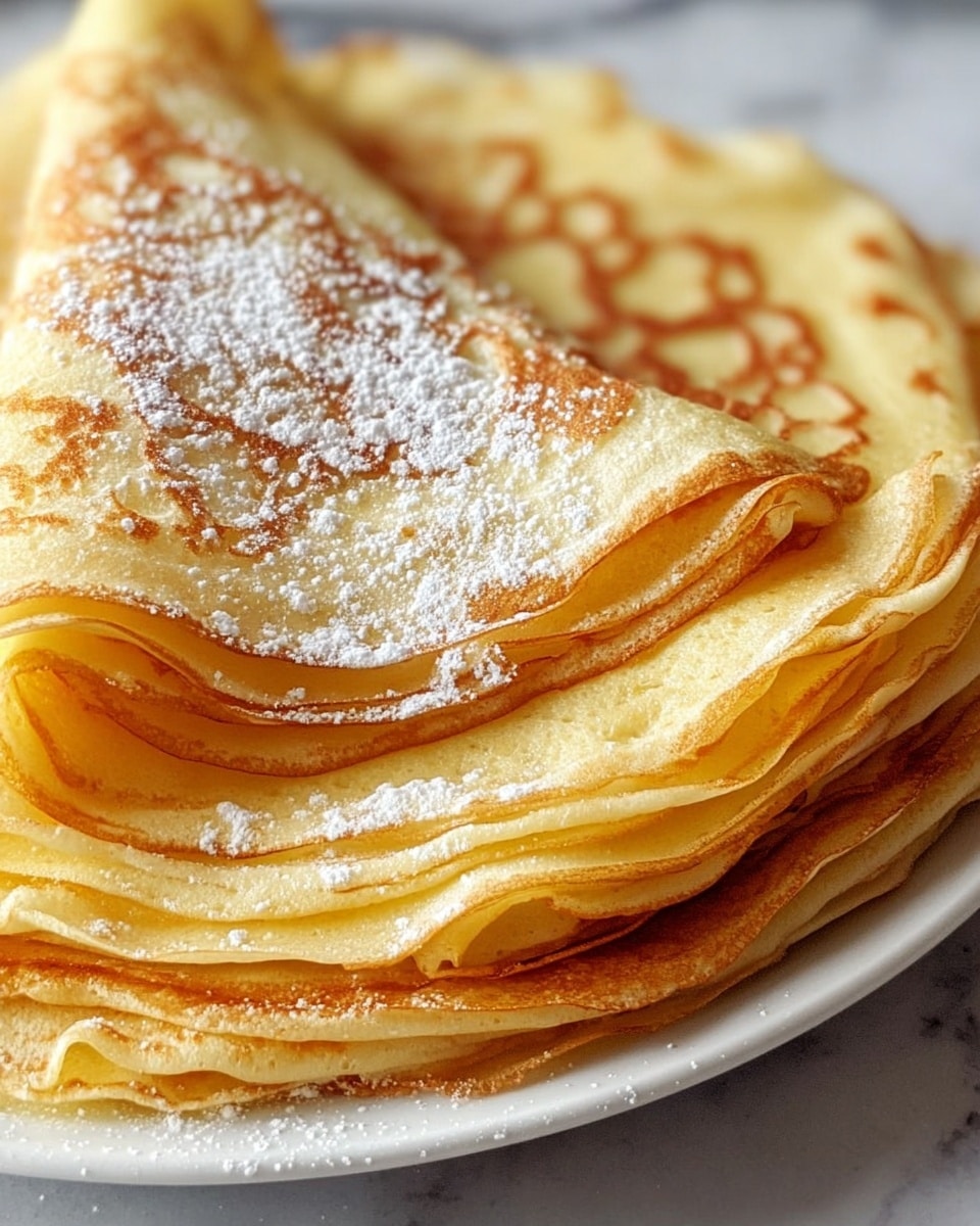 A stack of thin crepes is shown on a white plate, placed on a white marbled surface. The crepes have a golden-brown pattern with some lighter yellow spots, showing soft and smooth texture. They are neatly folded into quarters, creating multiple visible layers, around eight to ten, with slightly crispy, lacy edges. A light dusting of white powdered sugar is sprinkled on the top crepe, adding a fine, delicate texture. The focus is close-up, highlighting the crepes' warm colors and soft folds. Photo taken with an iphone --ar 4:5 --v 7