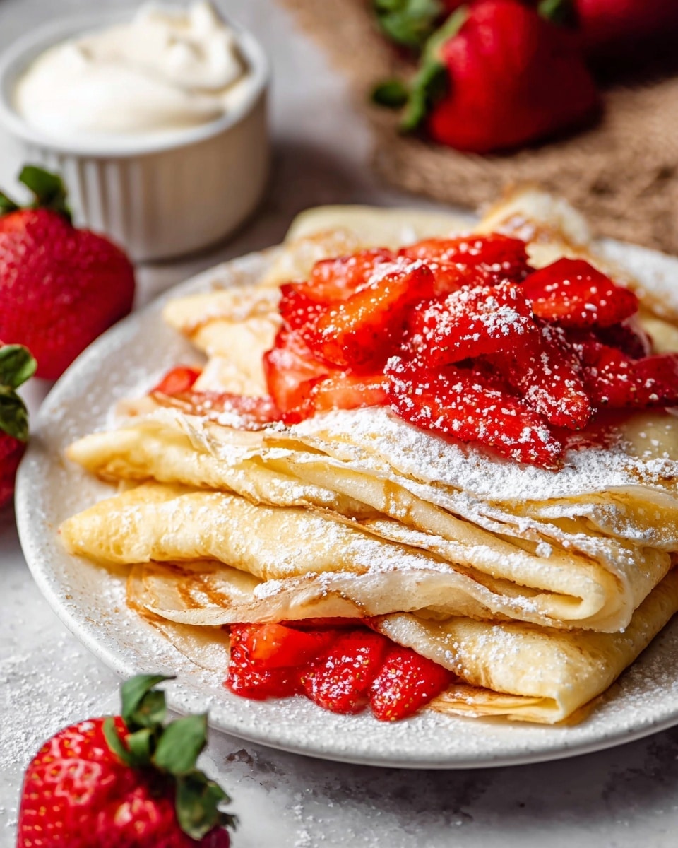 A white plate holds a stack of thin, golden-brown crepes folded into quarters, creating multiple soft layers with slightly crispy edges. On top of the crepes, there is a generous pile of bright red, sliced strawberries with a glossy texture, dusted lightly with white powdered sugar that also covers parts of the crepes. Surrounding the plate are whole fresh strawberries with green leaves attached. The plate is set on a white marbled textured surface. In the background, a woman's hand is holding a small white bowl filled with thick white cream or yogurt. photo taken with an iphone --ar 4:5 --v 7