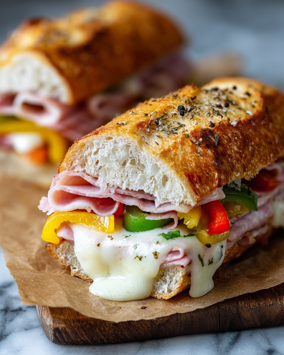 Two sandwich halves lie on brown paper over a wooden board on a white marbled surface. Each sandwich is made with a golden brown toasted baguette that is crispy on the outside. Inside, there are several layers: thinly sliced pink ham, melted white cheese dripping down the sides, and slices of green jalapeño, red bell pepper, and yellow pepper, adding bright colors. The top of the bread is sprinkled with black pepper and herbs. The front sandwich is in sharp focus, showing soft bread texture and creamy cheese, while the second one is slightly blurred in the background. Photo taken with an iphone --ar 4:5 --v 7
