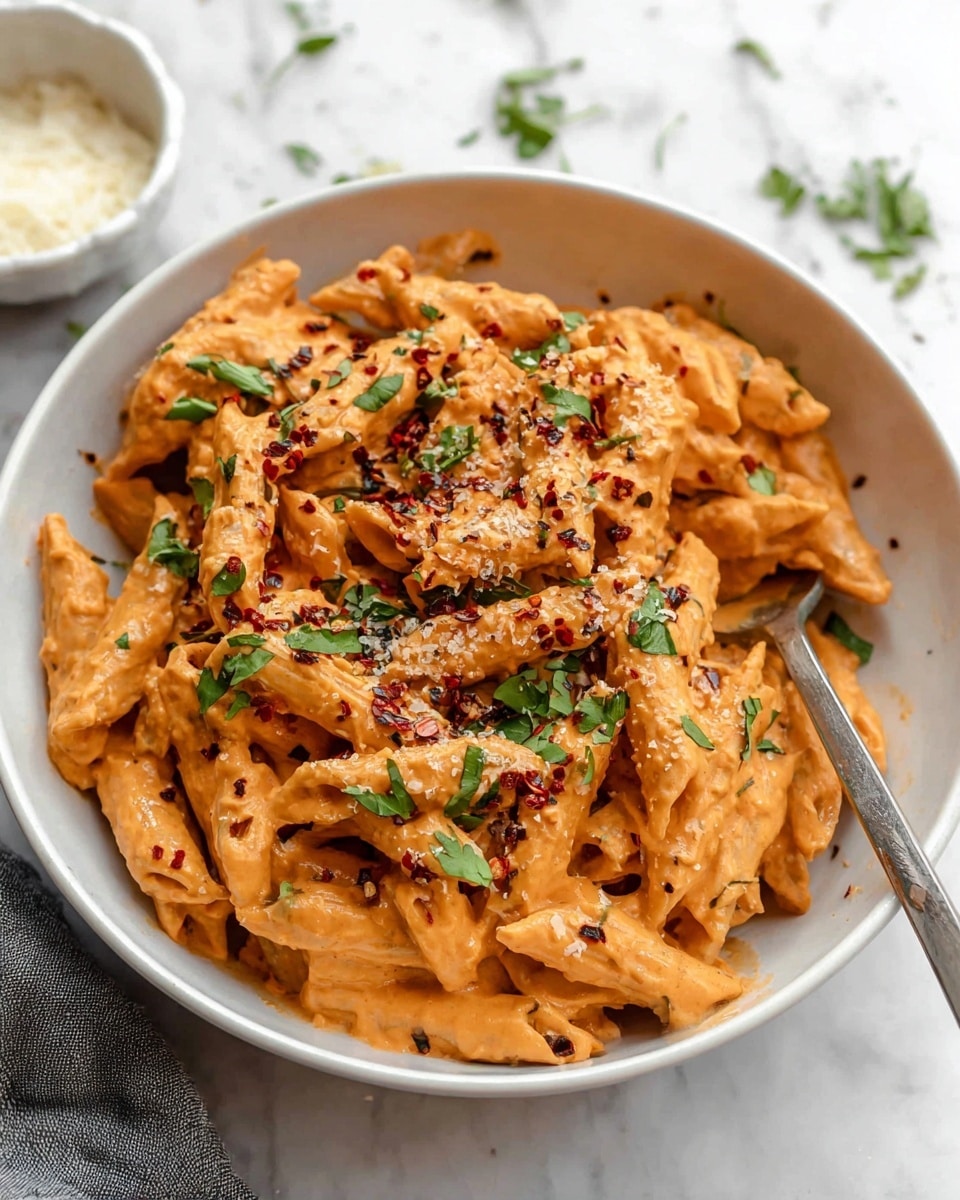 A white bowl filled with three layers of penne pasta coated in a thick, creamy orange sauce, topped with scattered green chopped herbs, red chili flakes, and a sprinkling of coarse white salt. The pasta pieces have a soft texture, showing the sauce smoothly covering each piece. A silver fork is placed inside the bowl, leaning against the rim. The bowl is set on a white marbled surface with a small white bowl of grated cheese nearby and some green herbs scattered around. photo taken with an iphone --ar 4:5 --v 7