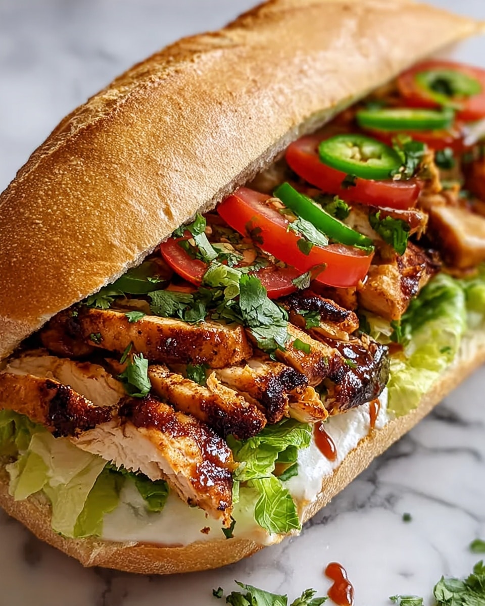 A white sandwich roll cut open with a golden-brown crust, showing layers inside: at the bottom, melted white cheese covers the inside of the bread, topped with bright green lettuce leaves. On top of the lettuce, thick slices of grilled chicken with charred edges and a juicy texture are laid out, followed by fresh slices of red tomato. Over the tomato, there are green sliced jalapeños and chopped fresh cilantro scattered, with a drizzle of reddish-brown sauce adding a glossy finish. The whole sandwich is resting on a white marbled surface. photo taken with an iphone --ar 4:5 --v 7