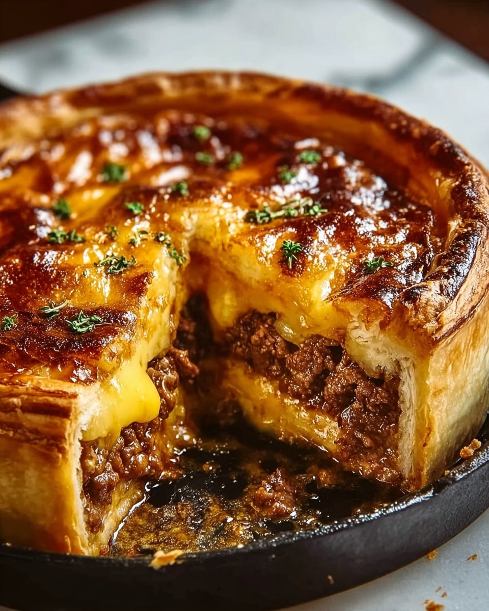 The image shows a close-up of a round pie with a golden-brown, crispy top crust that has a shiny, slightly uneven texture with some small green herb leaves sprinkled on top. The pie has been cut open, revealing two main inner layers: a bottom layer of finely ground dark brown cooked meat with a juicy texture and a top layer of melted yellow-orange cheese that looks smooth and creamy, slightly oozing over the meat. The pie's crust is thick, flaky, and light golden, forming a sturdy outer shell around the filling. The pie is placed in a black pan on a white marbled surface with some crumbs around it. photo taken with an iphone --ar 4:5 --v 7