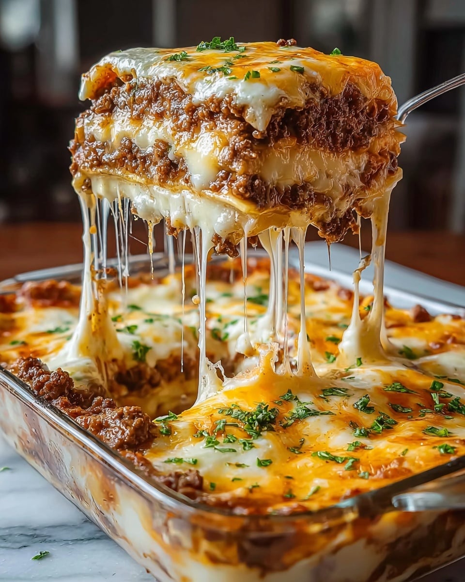 A thick slice of lasagna is being lifted, showing four layers: the bottom and middle layers are filled with cooked ground meat in dark brown color and a smooth creamy sauce mixed with melted white and orange cheese. The top layer is a rich bright orange cheese melted with gooey white cheese stretching long strings upwards, garnished with chopped green herbs. The lasagna is in a clear glass baking dish sitting on a white marbled surface with a blurred background. photo taken with an iphone --ar 4:5 --v 7