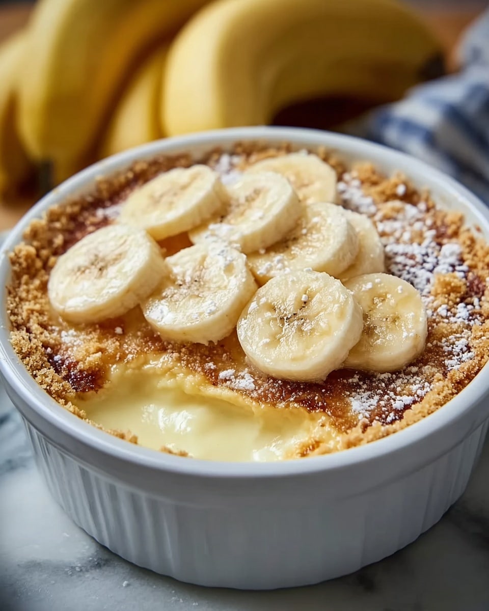 A close-up of a white ceramic round baking dish filled with a dessert showing three distinct layers: the bottom layer is a creamy light yellow custard, the middle layer is a golden brown crumbly crust, and the top layer has several thick slices of fresh banana, pale yellow with darker centers, sprinkled lightly with fine white powdered sugar. The edges of the crumbly crust are slightly darker, showing a golden toasted texture, and the dish is set on a white marbled surface with blurred bananas in the background. Photo taken with an iphone --ar 4:5 --v 7