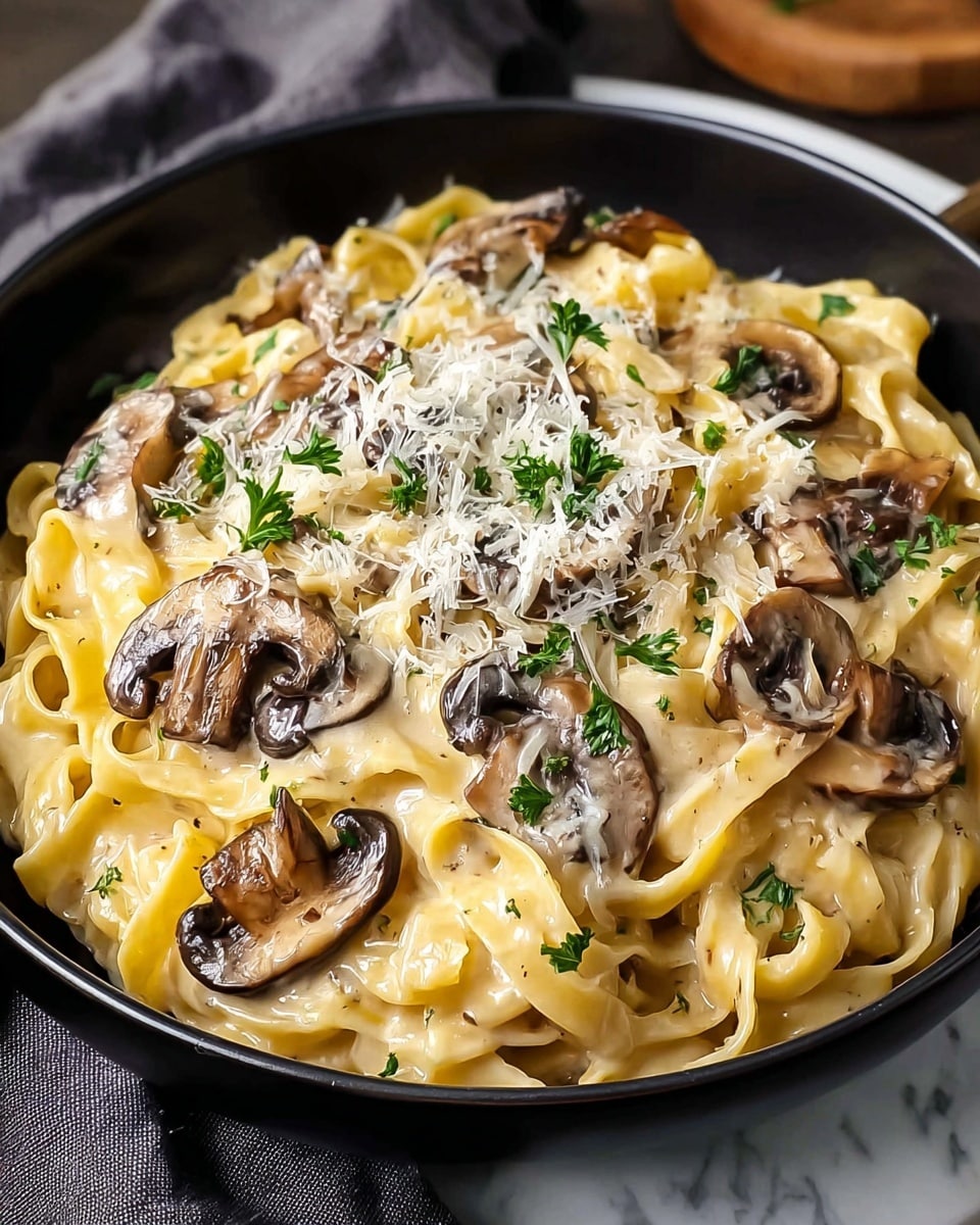 A black bowl filled with creamy fettuccine pasta forms the base layer, coated in a thick, smooth, light beige sauce. On top, there is a second layer of sautéed dark brown mushroom slices, adding a shiny, slightly oily texture contrasting with the pasta. The whole dish is sprinkled with small green parsley leaves and topped with a generous amount of finely grated pale yellow cheese, creating a scattered, delicate finish. The bowl sits on a white marbled surface with a dark gray cloth partially visible beside it. Photo taken with an iphone --ar 4:5 --v 7