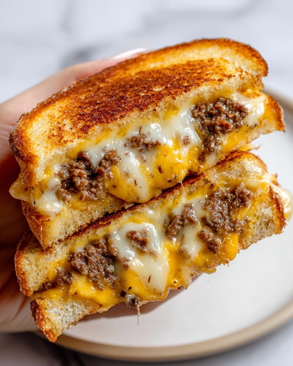 A close-up image of a grilled sandwich held by a woman's hand, showing two halves side by side. The sandwich has three main layers: the outer layer is golden-brown toasted bread with a crisp texture; inside, there is a layer of melted yellow cheese, slightly oozing out; and in the center, a layer of browned, juicy ground beef with some visible seasoning and grill marks. The melted white cheese covers parts of the beef, creating a creamy and gooey look. The background is a white marbled surface with a white plate showing faint edges beneath. Photo taken with an iphone --ar 4:5 --v 7