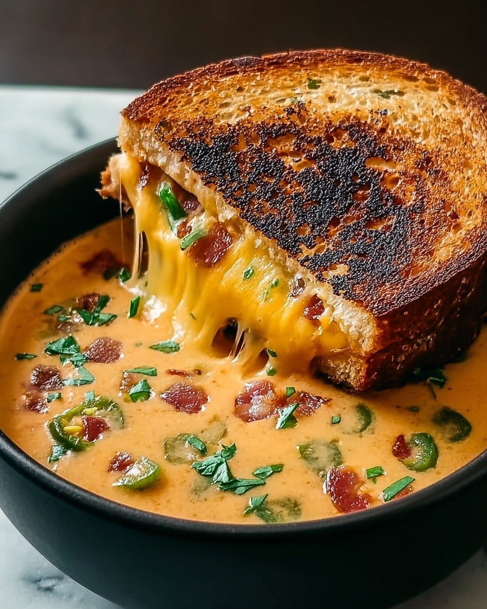 A black bowl filled with creamy orange soup that has visible chunks of green jalapeño, bits of bacon, and small pieces of herbs scattered on the surface; floating in the bowl is a toasted grilled cheese sandwich with a golden, crispy crust and a slightly burnt pattern on top, showing stretchy melted cheese with a mix of yellow and white colors, dripping down into the soup. The dish is placed on a white marbled textured surface. photo taken with an iphone --ar 4:5 --v 7