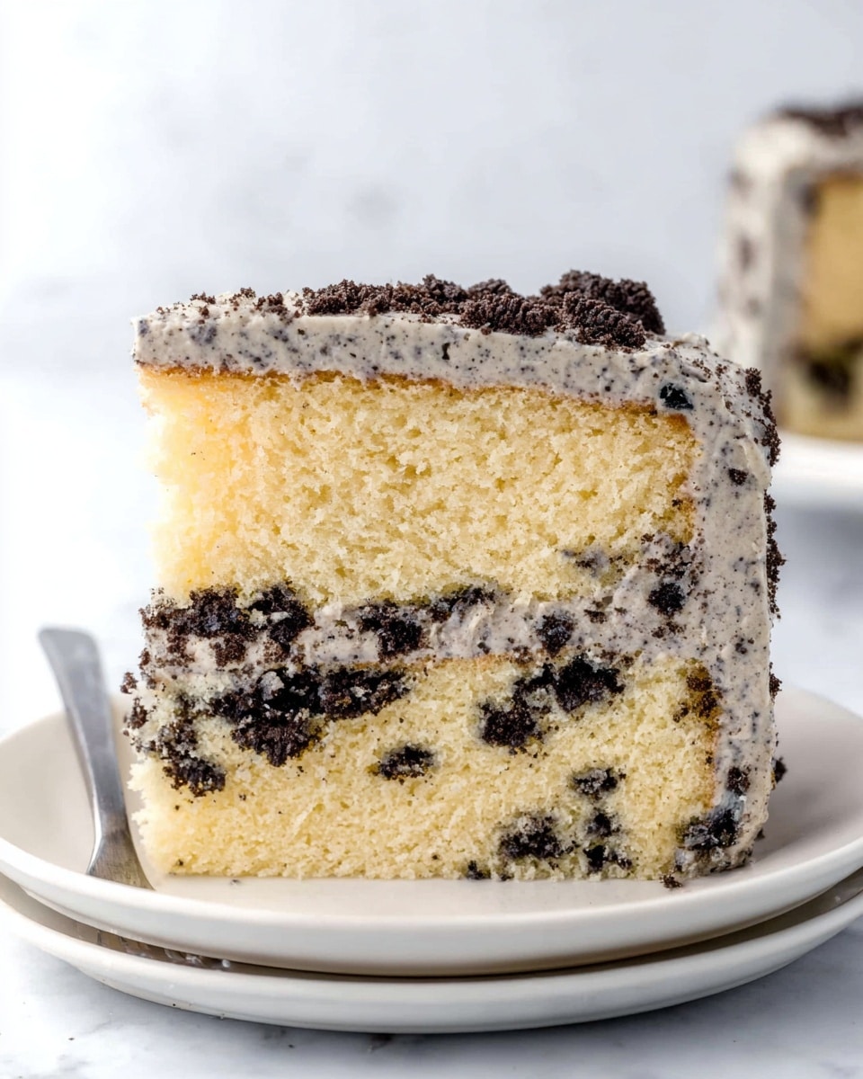 A close-up of a two-layer vanilla cake slice with dark cookie pieces mixed inside the light yellow sponge. Between the layers and covering the top is a thick layer of creamy, light gray frosting speckled with darker cookie crumbs, giving it a textured look. The cake slice sits on a simple white plate with a silver fork beside it, all set against a white marbled surface. Photo taken with an iphone --ar 4:5 --v 7