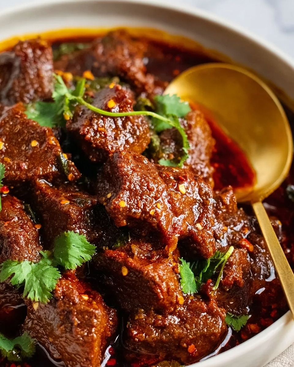 The image shows a white bowl filled with dark brown chunks of meat coated in a thick, glossy sauce. The meat pieces have a rich texture with visible spices and chili flakes, while some fresh green cilantro leaves are scattered on top for color contrast. A golden spoon rests inside the bowl, partly submerged in the sauce, with a white marbled surface visible beneath the bowl. The dish looks warm and spicy, with the sauce reflecting light, adding a shiny, inviting look. Photo taken with an iphone --ar 4:5 --v 7