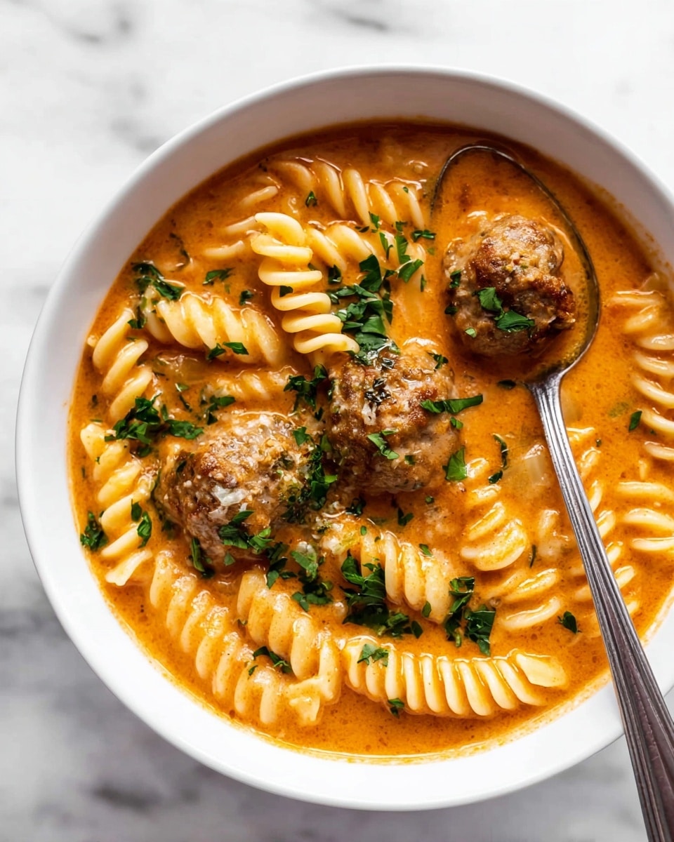 A white bowl filled with a creamy orange soup forms the base layer, within which spiral-shaped pasta pieces swirl around meatballs that sit on top as the second layer. Bits of green leafy vegetables and chopped parsley are scattered throughout, adding flecks of dark green and fresh color. A silver spoon rests inside the bowl, touching a meatball and some pasta on the right side, while the bowl is set on a white marbled surface. photo taken with an iphone --ar 4:5 --v 7