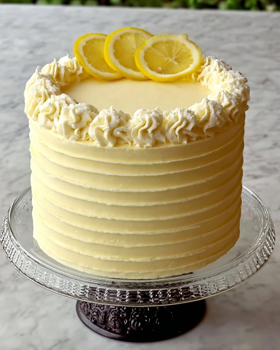 A tall cake with five distinct layers of light yellow cake separated by smooth, pale yellow cream. The outside is covered evenly with the same pale yellow cream, decorated with horizontal textured lines all around. The top edge of the cake has a ring of swirled cream dollops in a soft off-white color. In the center of the top, there are three thin lemon slices placed in a small overlapping row. The cake sits on a clear glass cake stand with a black ornate base, all set on a white marbled surface. photo taken with an iphone --ar 4:5 --v 7