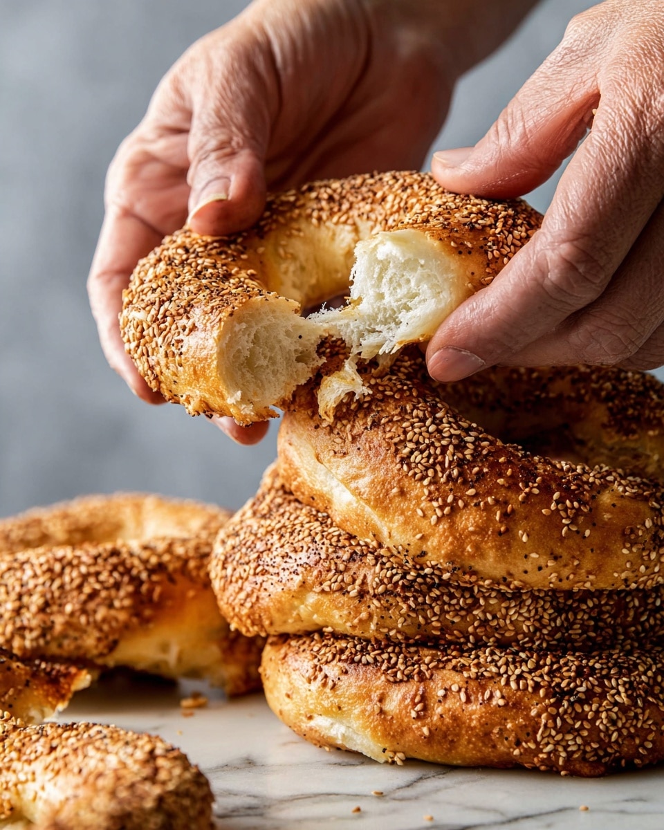 A close-up image of two woman's hands breaking apart a golden brown sesame-covered bagel, showing the soft, fluffy white inside with a slightly chewy texture. Below the hands, there is a stack of more sesame bagels resting on a white marbled surface. The bagels have a thick, crunchy crust with sesame seeds spread evenly over their top and sides. The background is softly blurred, featuring neutral tones that keep the focus on the bagels and the action of the hands. Photo taken with an iphone --ar 4:5 --v 7
