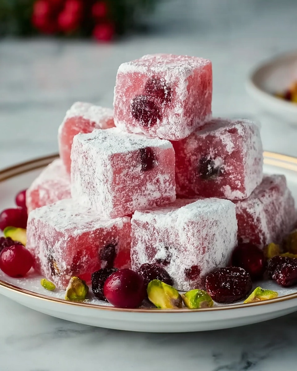 The image shows a close-up of several soft, square Turkish delight pieces stacked on a white plate with a gold rim. Each Turkish delight cube is pinkish-red with visible embedded fruit pieces inside and is covered with a thick white powdered sugar coating, giving a snowy effect. Around the base of the stacked cubes, there are whole and halved dark red cranberries and green pistachio nuts scattered for decoration. The plate rests on a white marbled surface, creating a clean and bright background. photo taken with an iphone --ar 4:5 --v 7