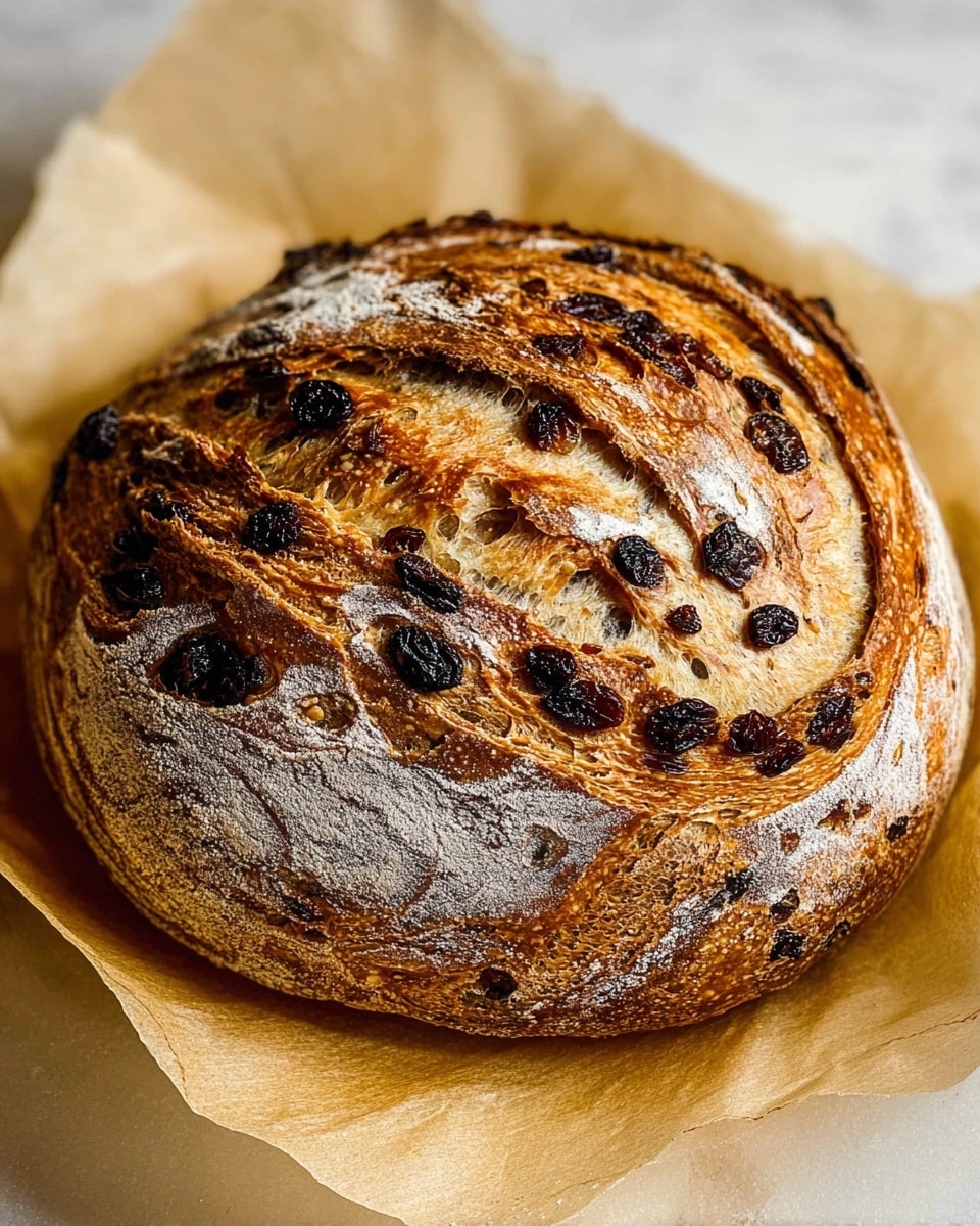 A round loaf of bread with a crispy brown crust dotted with dark raisins, showing swirled layers of dough with a mix of light tan and golden brown shades, some parts lightly dusted with white flour. The loaf sits on cream-colored baking paper that slightly wrinkles around the edges, placed on a white marbled surface. The texture looks crunchy on the outside with soft, furry dough patterns visible inside the swirls. photo taken with an iphone --ar 4:5 --v 7