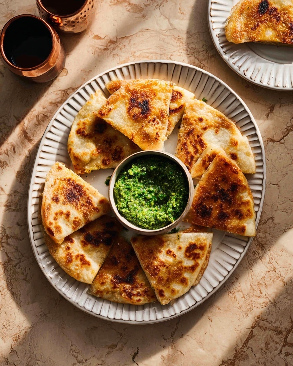 The image shows a white patterned oval plate filled with six golden-brown fried quesadilla slices, each with a slightly crispy texture and darker toasted spots, arranged in a circular pattern around a small bowl of bright green chutney with a coarse, fresh texture. Two more quesadilla slices are placed on a white plate to the top right, partially visible. The whole scene is set on a white marbled texture with warm natural light enhancing the warm colors of the food and soft shadows adding depth. Photo taken with an iphone --ar 4:5 --v 7