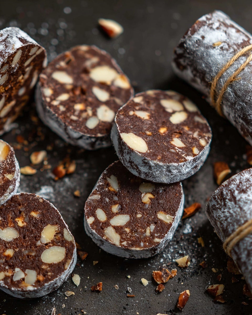 The image shows several pieces of chocolate salami, a dessert made to look like sausage. Each piece is round with two clear layers: a dark brown chocolate base filled with small pieces of light brown nuts and crumbs inside, and a thin white powdery layer on the outside that mimics the look of salami casing. The chocolate pieces are placed close together on a dark surface with some small nut bits scattered around. Two whole chocolate salamis wrapped in string are also visible on the right side. The texture looks smooth but chunky due to the nut pieces photo taken with an iphone --ar 4:5 --v 7