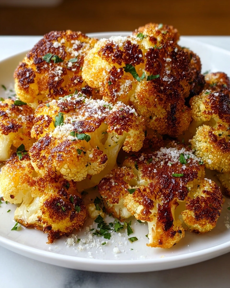 A close-up view of several pieces of golden-brown roasted cauliflower in a pile on a white plate, each cauliflower piece showing a crispy, textured surface with browned, slightly charred spots. The florets have a light yellow base color with darker toasted edges and small bits of green herbs sprinkled around for garnish. A fine dusting of white grated cheese or seasoning is scattered on top, adding contrast to the warm tones. The plate rests on a white marbled surface with soft natural light coming from the side. photo taken with an iphone --ar 4:5 --v 7