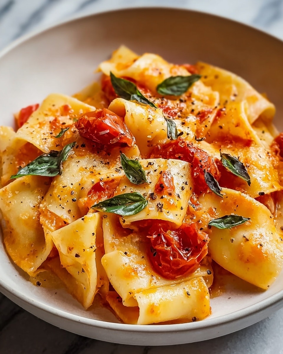 A close-up of wide, flat pasta pieces layered with chunks of red tomatoes and small green basil leaves scattered on top. The pasta is coated with a light orange sauce that gives it a slightly shiny and soft texture. The dish is served in a white bowl, resting on a white marbled surface. Black pepper flakes are sprinkled over the pasta, adding small dark spots across the dish, and the overall look is warm and inviting with soft natural light. photo taken with an iphone --ar 4:5 --v 7