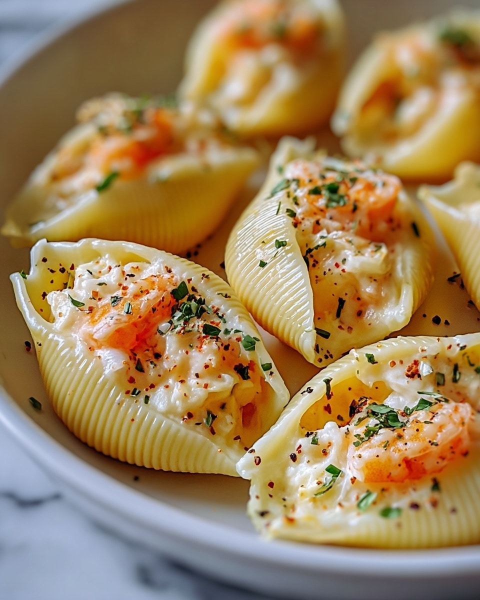 The image shows several cooked pasta shells arranged closely together inside a white dish. Each shell is filled with a creamy, pale yellow mixture topped with a small piece of orange shrimp. The creamy filling inside the shells is smooth with a slight shine, while the shrimp pieces have a bright orange and pink hue. The dish is sprinkled with tiny black pepper flakes and small pieces of green herbs, adding pops of color. The edges of the pasta shells are ridged and light beige. The white dish is set on a white marbled surface. photo taken with an iphone --ar 4:5 --v 7