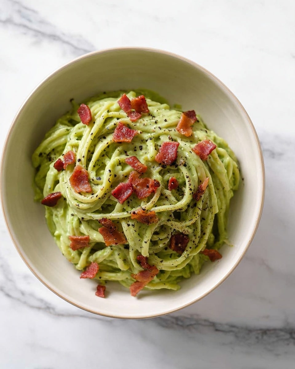 A bowl of green pasta sits in the center of a white marbled surface. The bowl is white with a smooth texture and a slightly raised edge. Inside, the pasta is coated in a creamy green sauce, with strands neatly piled into one thick layer. Small bits of crispy reddish-brown bacon are scattered evenly over the pasta, with black pepper sprinkled on top for contrast. The green sauce is smooth and vibrant, while the bacon adds roughness and color variety. photo taken with an iphone --ar 4:5 --v 7