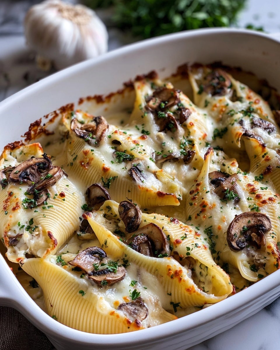 The image shows a white baking dish filled with six large pasta shells arranged neatly in two rows. Each shell is stuffed and covered with a creamy, melted cheese sauce that has browned slightly on top. Sliced browned mushrooms are scattered evenly over the shells, with small bits of fresh green herbs sprinkled on the cheese layer giving a fresh touch. The edges of the baking dish are slightly browned from cooking. The background has a white marbled texture with a garlic bulb and green herbs blurred in the distance. Photo taken with an iphone --ar 4:5 --v 7