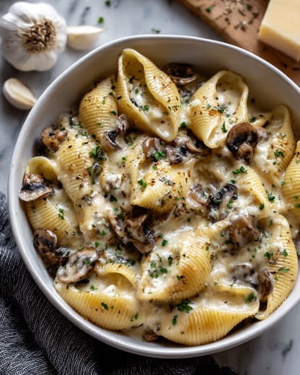 A white bowl filled with large pasta shells covered in a creamy melted cheese sauce, with dark brown sautéed mushroom pieces scattered on top and inside some shells. The dish is sprinkled with small green herb bits for color. Around the bowl, there is a grey cloth and some garlic cloves on a white marbled surface. The cheese looks smooth and glossy, and the mushrooms add a textured contrast. photo taken with an iphone --ar 4:5 --v 7