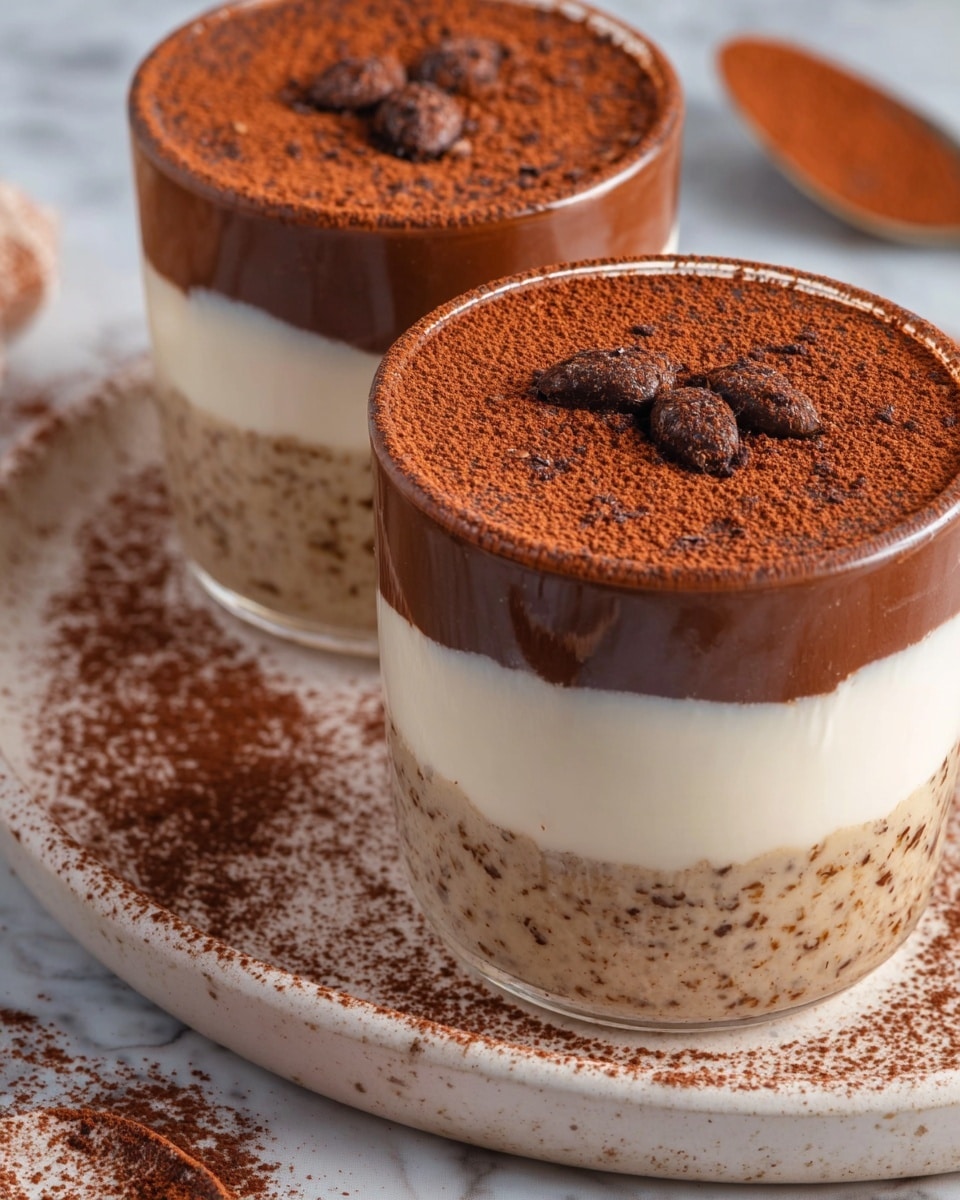 Two glass cups show a three-layer dessert. The bottom layer is light brown with small darker spots, looking soft and textured. The middle layer is smooth and white, about a quarter of the height. The top layer is dark brown, smooth, and shiny with a dusting of cocoa powder around the edge. Three small cocoa powder shapes are placed in the center on top. The cups sit on a white plate with some cocoa powder spilled around, and a spoon with cocoa powder rests nearby on a white marbled surface. photo taken with an iphone --ar 4:5 --v 7