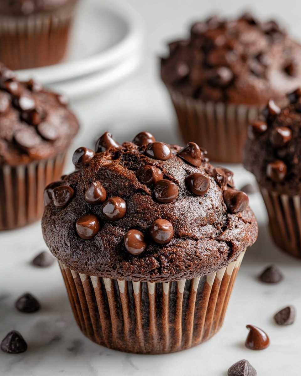 The image shows rich chocolate muffins topped with many shiny dark chocolate chips scattered on the muffin tops. Each muffin has a rough, cracked surface revealing a moist texture inside, and the muffins sit in brown paper liners with vertical ridges. The muffins are on a white marbled surface with some loose chocolate chips scattered around. In the background, there is a white plate partly visible on the left side. The lighting highlights the glossy shine of the chocolate chips and the soft crumb of the muffins, making them look fresh and tempting. photo taken with an iphone --ar 4:5 --v 7