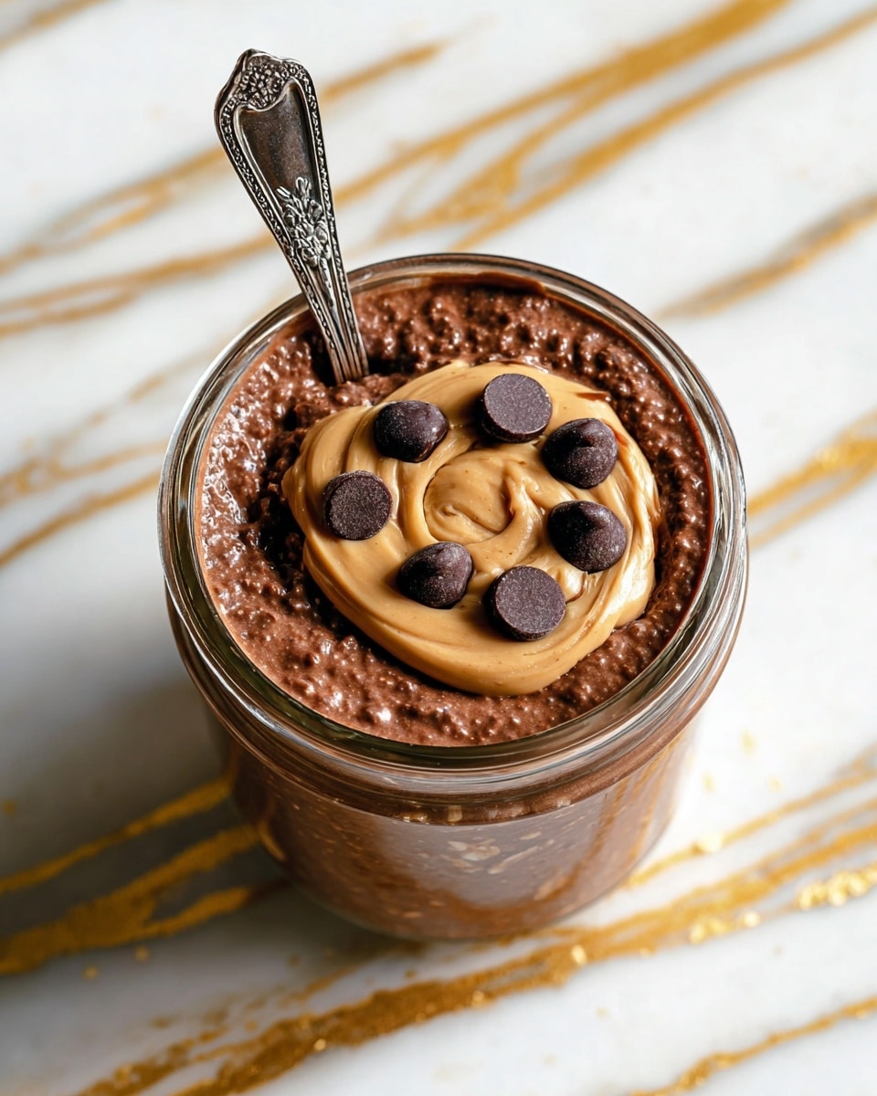 A close-up view of a jar filled with a thick, rich chocolate mixture with visible small oat pieces suspended inside. On top, there is a swirl of light caramel-colored sauce and seven dark brown chocolate chips arranged in a circular pattern around the swirl. A silver spoon with ornate details is inserted into the jar from the back, standing upright. The jar is placed on a white marbled surface with golden streaks running through it, enhancing the luxury look. photo taken with an iphone --ar 4:5 --v 7