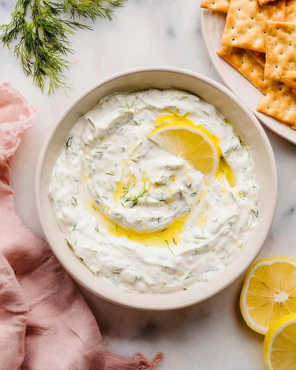 A white bowl filled with creamy, thick white dip mixed with small green dill pieces, topped with a thin drizzle of golden olive oil and a small lemon wedge placed slightly off-center on the top surface. The bowl sits on a white marbled background with a pale pink cloth nearby on the left, a few lemon wedges on the bottom right, and a white plate filled with golden triangle-shaped crackers in the top right corner. A small sprig of green dill lies in the top left corner, adding a fresh touch to the scene. photo taken with an iphone --ar 4:5 --v 7