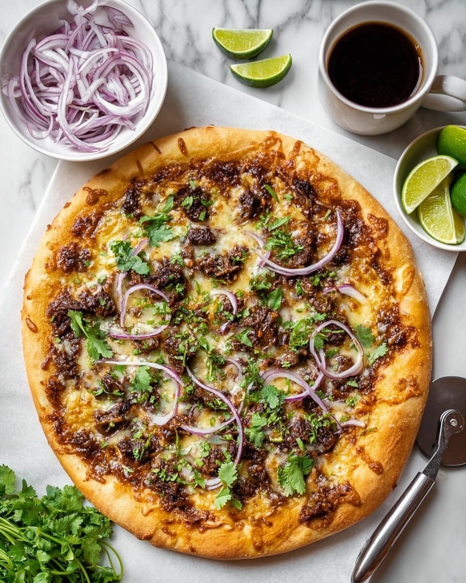 A round pizza with a golden-brown crust sits on a white marbled surface. It has three visible layers: the bottom is a thin, crisp dough, the middle is melted cheese with a light yellow color and slight browning, and the top is covered with dark brown, cooked meat chunks, thin strips of raw purple onion, and scattered fresh green cilantro leaves. Around the pizza, there is a white bowl filled with more thin purple onion slices, another white bowl with bright green lime wedges, and a bunch of fresh cilantro to the side. A white cup filled with dark coffee sits near the top right corner, while a silver pizza cutter rests on the top left. A wedge of lime is placed just above the pizza on the white marbled surface. photo taken with an iphone --ar 4:5 --v 7