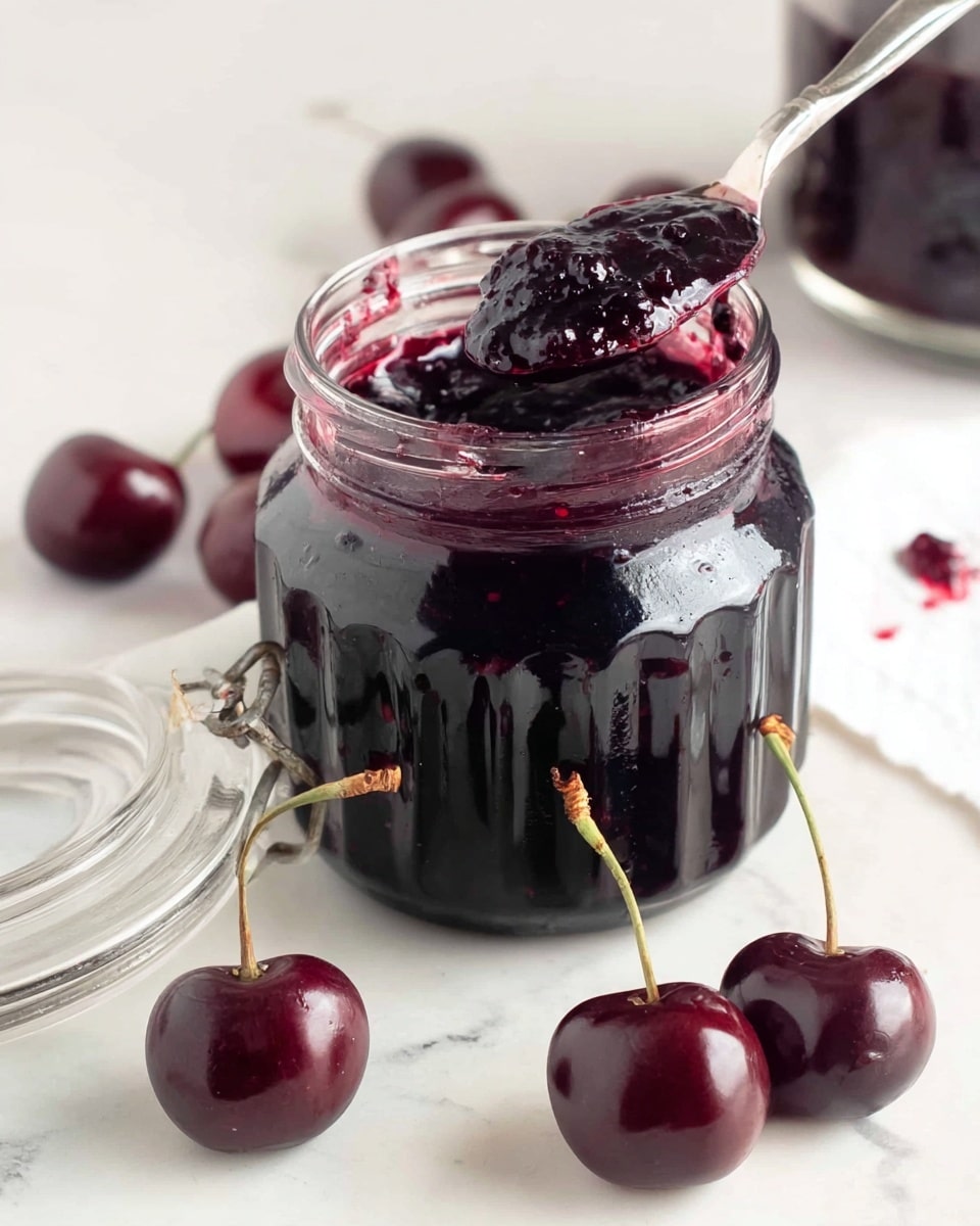 A ribbed clear glass jar filled with dark purple cherry jam, showing thick, chunky texture at the top where a silver spoon scoops some out, sitting on a white marbled surface. Scattered around the jar are several fresh dark purple cherries with stems, and a clear glass jar lid lies open nearby. The jam appears glossy and rich with visible cherry pieces, displayed under soft natural light. Photo taken with an iphone --ar 4:5 --v 7