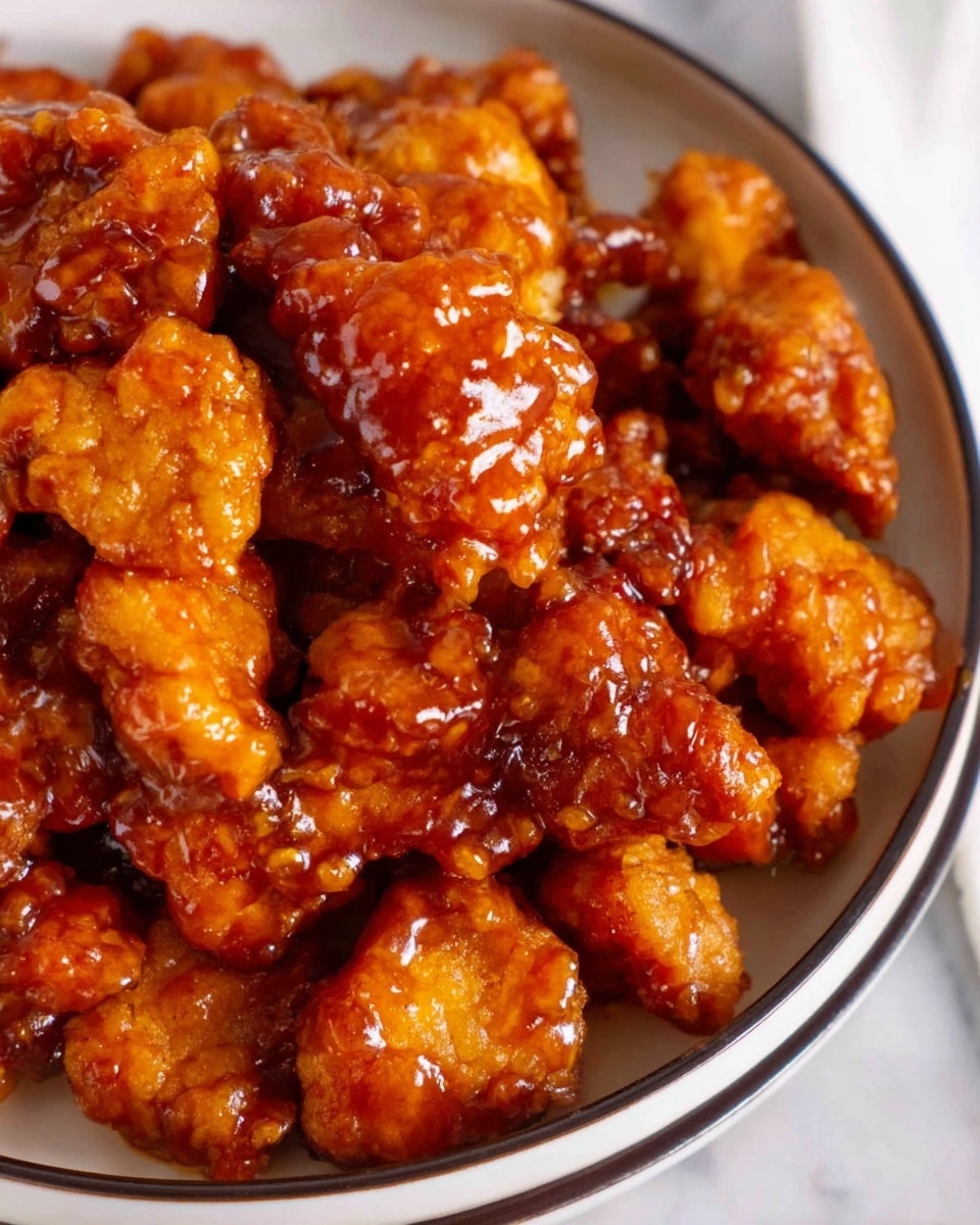 This image shows a close-up of golden brown crispy chicken pieces covered in a thick, glossy reddish-orange sauce. The chicken pieces are irregular in shape and appear juicy and well-coated with the sticky sauce that gives a shiny and slightly textured look. These sauced chicken pieces pile up inside a white plate with a thin black rim, occupying most of the visible space. The background is a white marbled texture. photo taken with an iphone --ar 4:5 --v 7