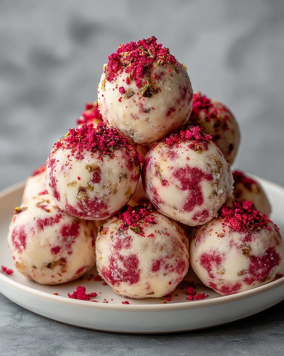 A white plate with a stack of eight round dessert balls piled in a pyramid shape, each ball showing a mix of creamy white and bright red patches with a slightly rough texture. The balls have small specks of brown and green on their surface, giving a crumbly and textured look. The top of each ball is sprinkled with vibrant red crumbs, adding a pop of color. The background is a white marbled texture with muted gray tones, making the dessert stand out. photo taken with an iphone --ar 4:5 --v 7